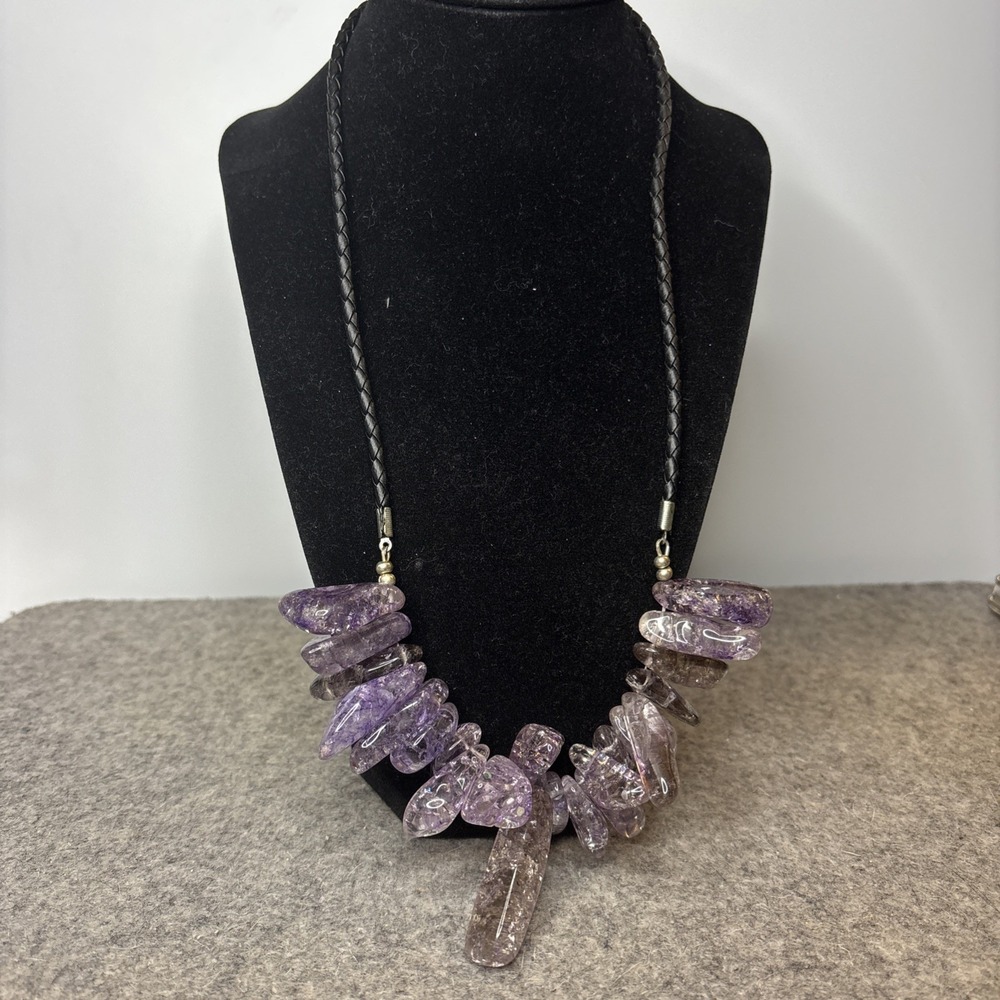 Purple Stone Statement Necklace 20" Polished Nugget Fringe Black Cord Boho